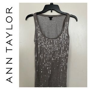 ANN TAYLOR Brown & White Stripe Tank w/Clear Sequins
